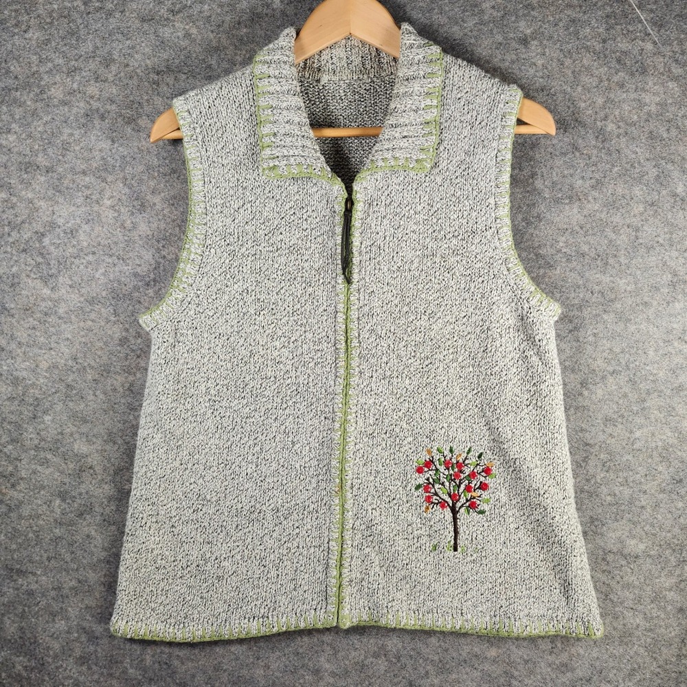 VTG Christopher & Banks Women Knit Vest Apple Tree Embroidered Zip Up Collared M